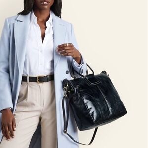 HOBO Sheila Large Leather Satchel Black Polished Leather Handbag Luxury